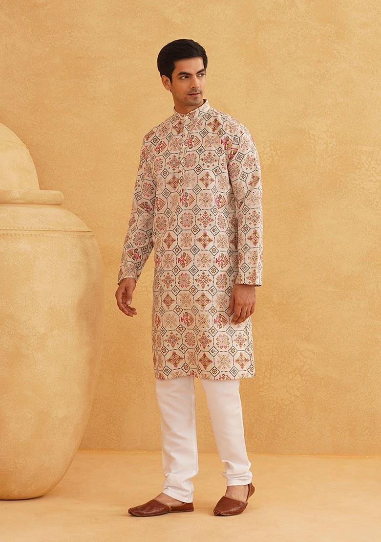 Cream Ethnic Motifs Poly Blend Kurta Set For Men