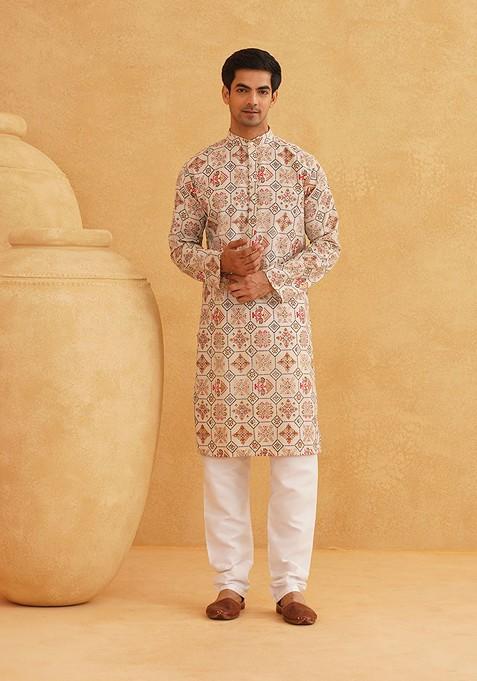Cream Ethnic Motifs Poly Blend Kurta Set For Men
