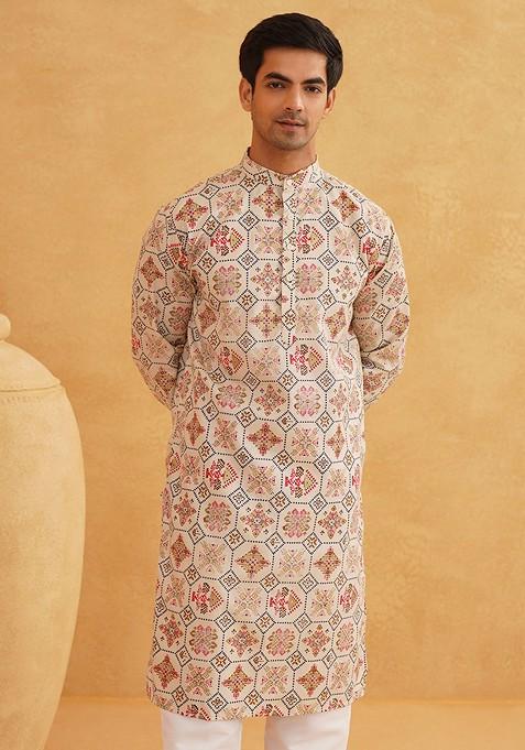 Cream Ethnic Motifs Poly Blend Kurta Set For Men