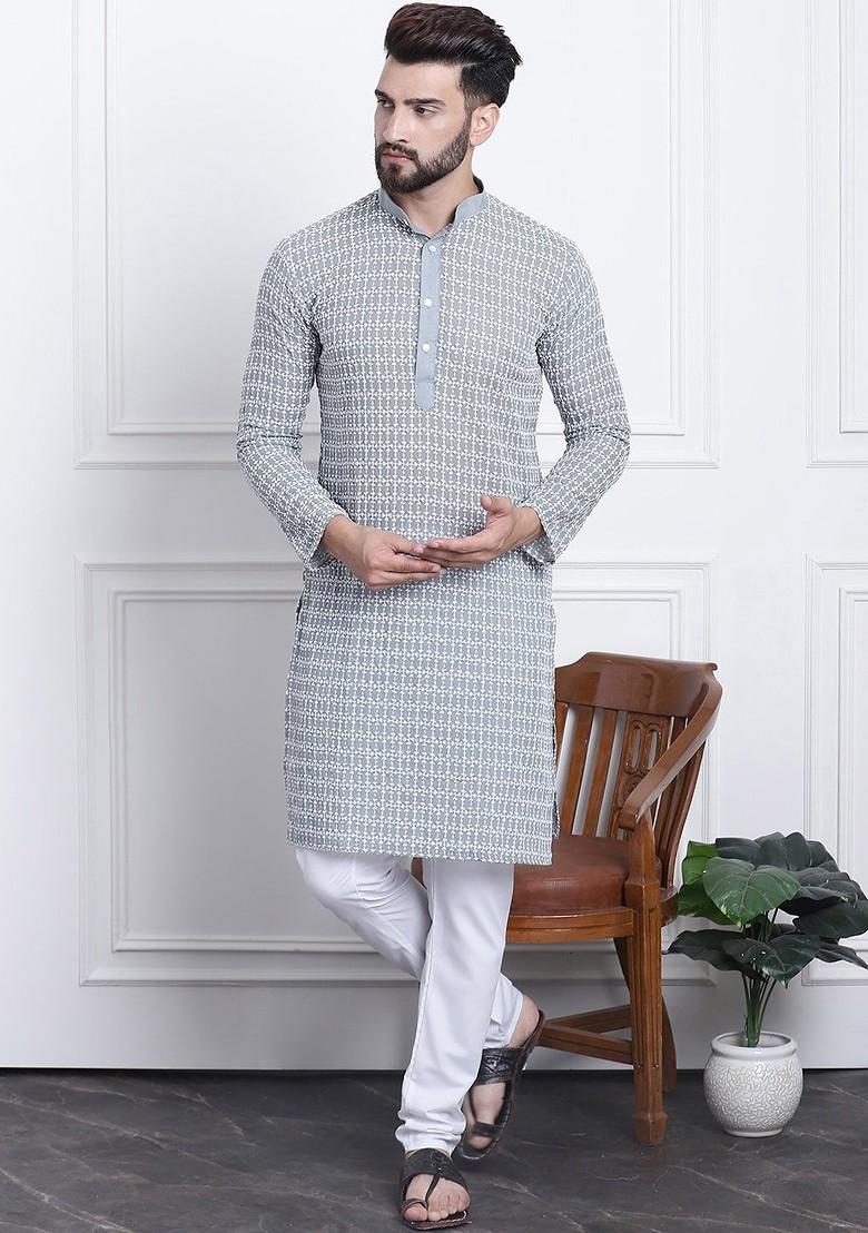 Grey Thread Work Cotton Kurta Set For Men