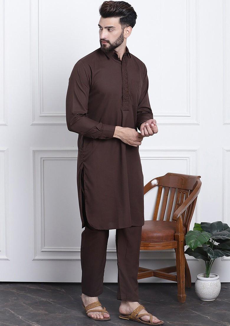Coffee Brown Solid Cotton Kurta Set For Men