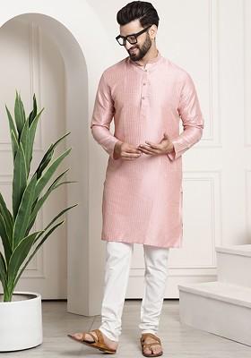 Pink Striped Poly Blend Kurta Set For Men