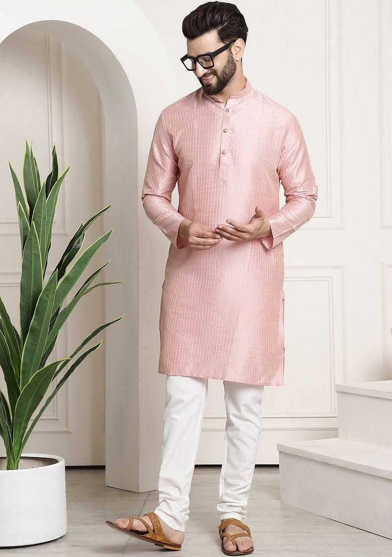 Pink Striped Poly Blend Kurta Set For Men