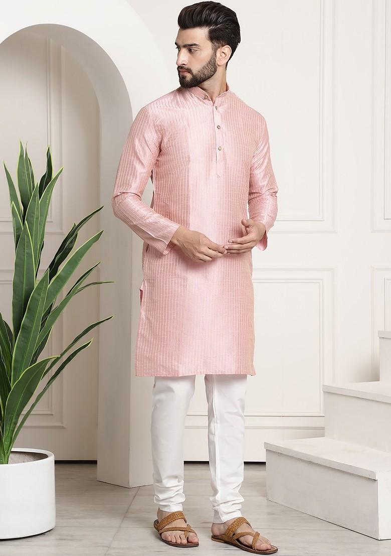Pink Striped Poly Blend Kurta Set For Men