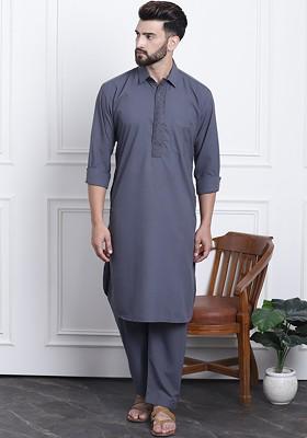 Grey Thread Work Cotton Kurta Set For Men
