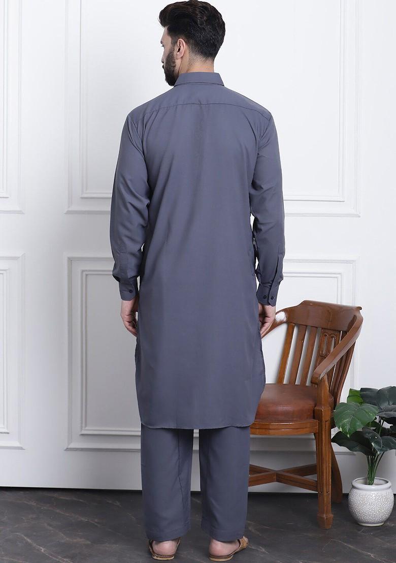Grey Thread Work Cotton Kurta Set For Men