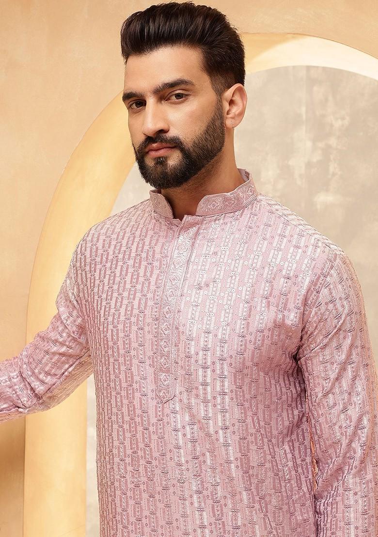 Pink Embroidered Poly Blend Kurta Set For Men