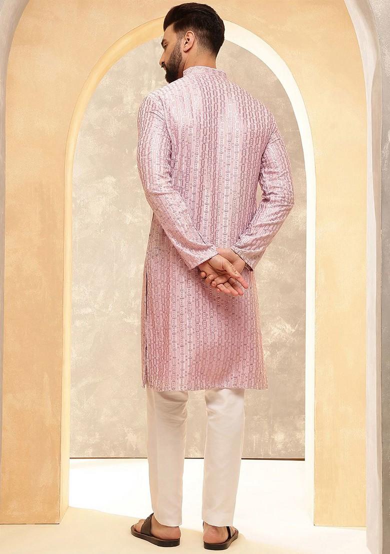 Pink Embroidered Poly Blend Kurta Set For Men