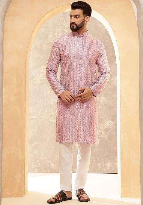 Pink Embroidered Poly Blend Kurta Set For Men