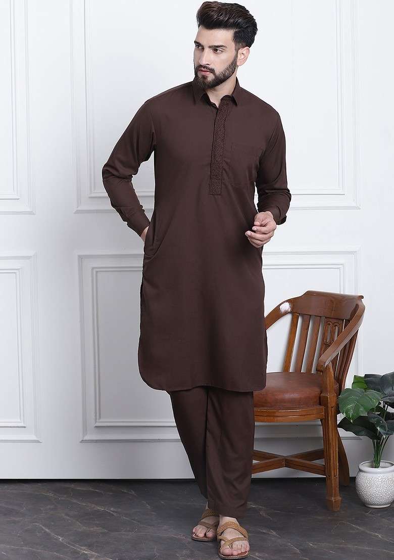Coffee Brown Solid Poly Blend Kurta Set For Men - Indya