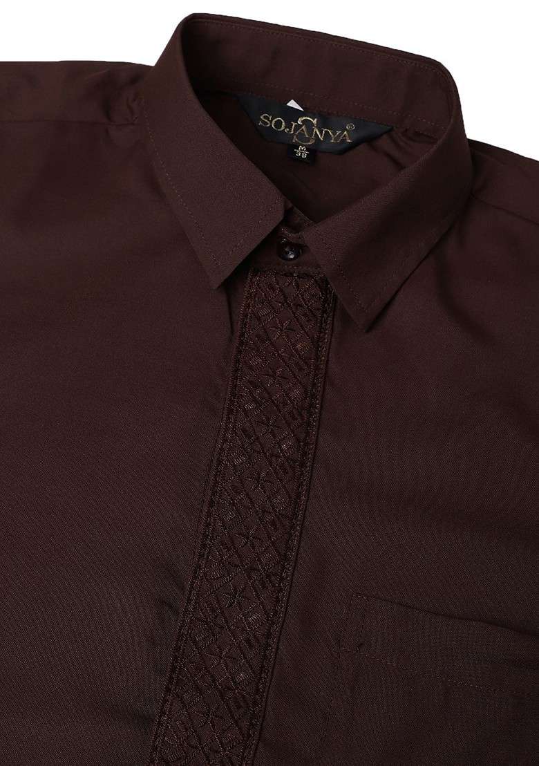 Coffee Brown Solid Poly Blend Kurta Set For Men - Indya