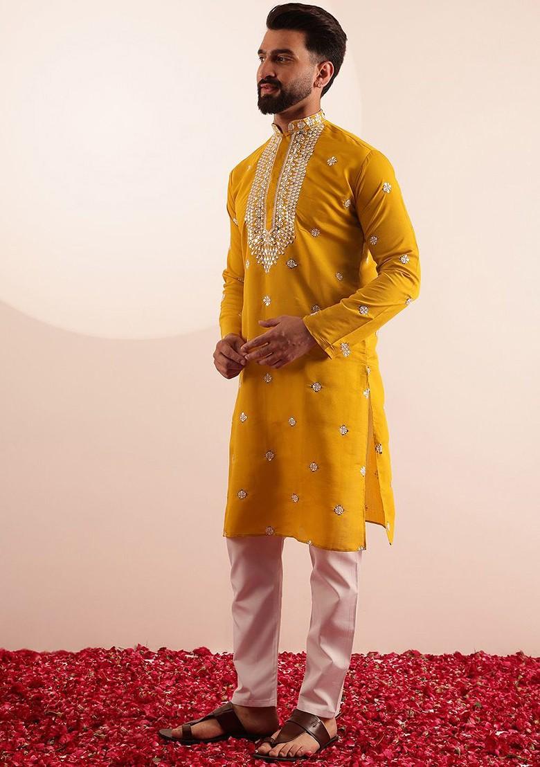 Mustard Embroidered Poly Blend Kurta Set For Men