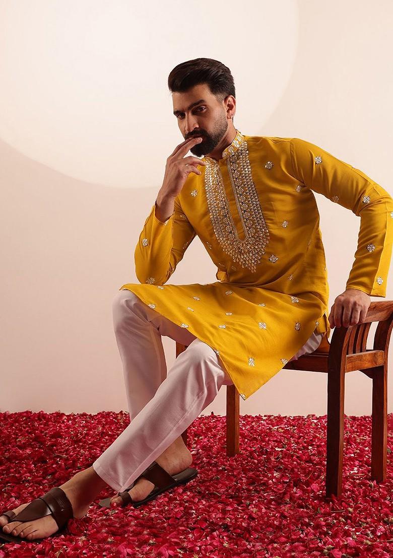 Mustard Embroidered Poly Blend Kurta Set For Men