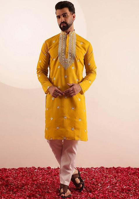 Mustard Embroidered Poly Blend Kurta Set For Men