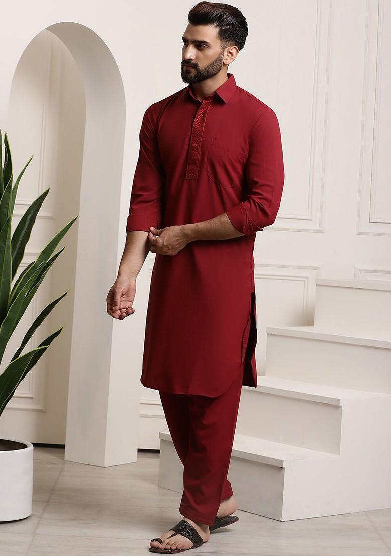 Maroon Solid Cotton Kurta Set For Men