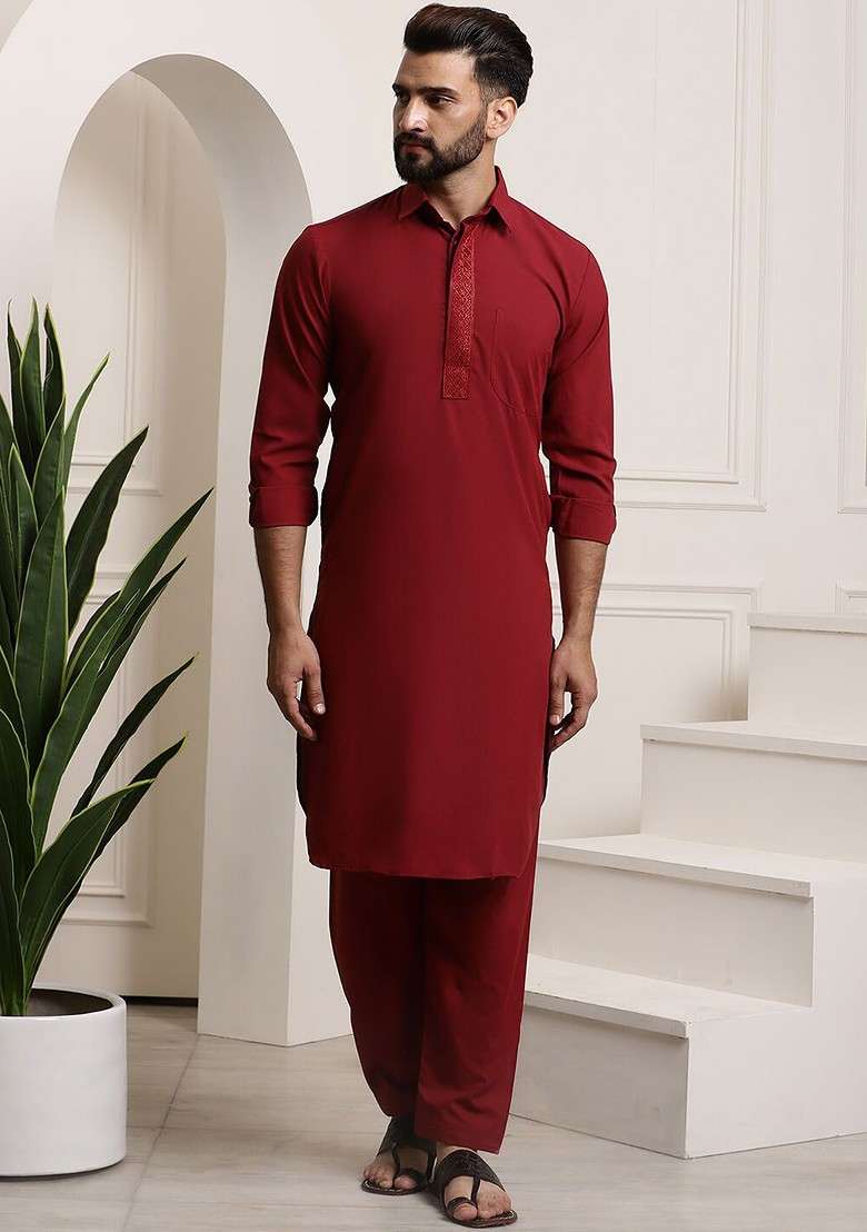 Maroon Solid Cotton Kurta Set For Men - Indya
