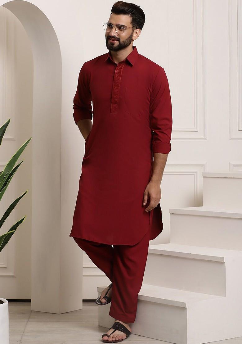 Maroon Solid Cotton Kurta Set For Men