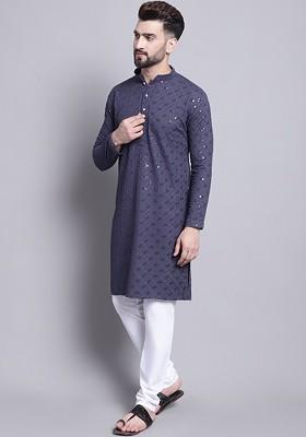 Grey Embroidered Cotton Kurta Set For Men