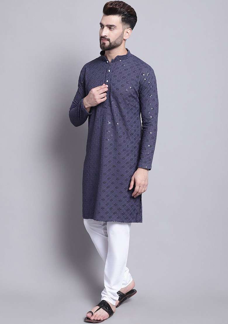 Grey Embroidered Cotton Kurta Set For Men - Indya