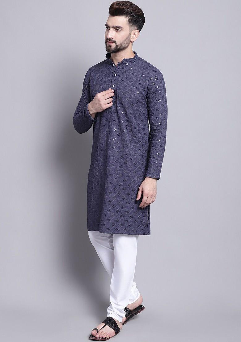 Grey Embroidered Cotton Kurta Set For Men