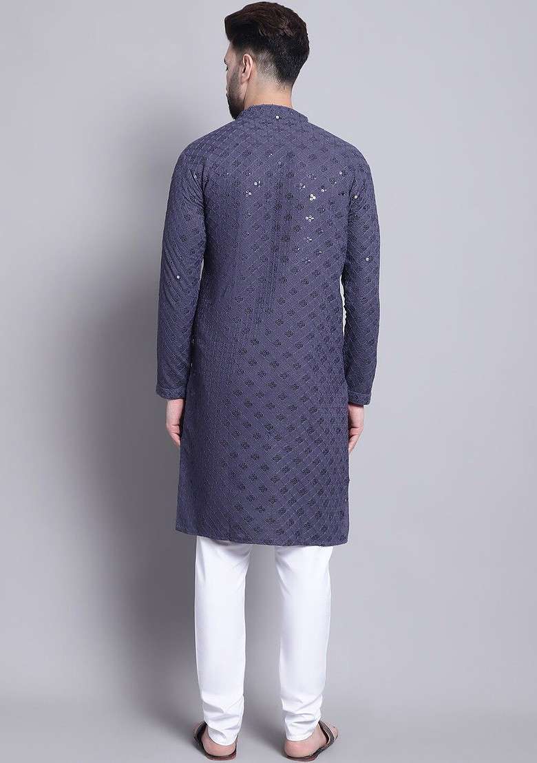 Grey Embroidered Cotton Kurta Set For Men - Indya