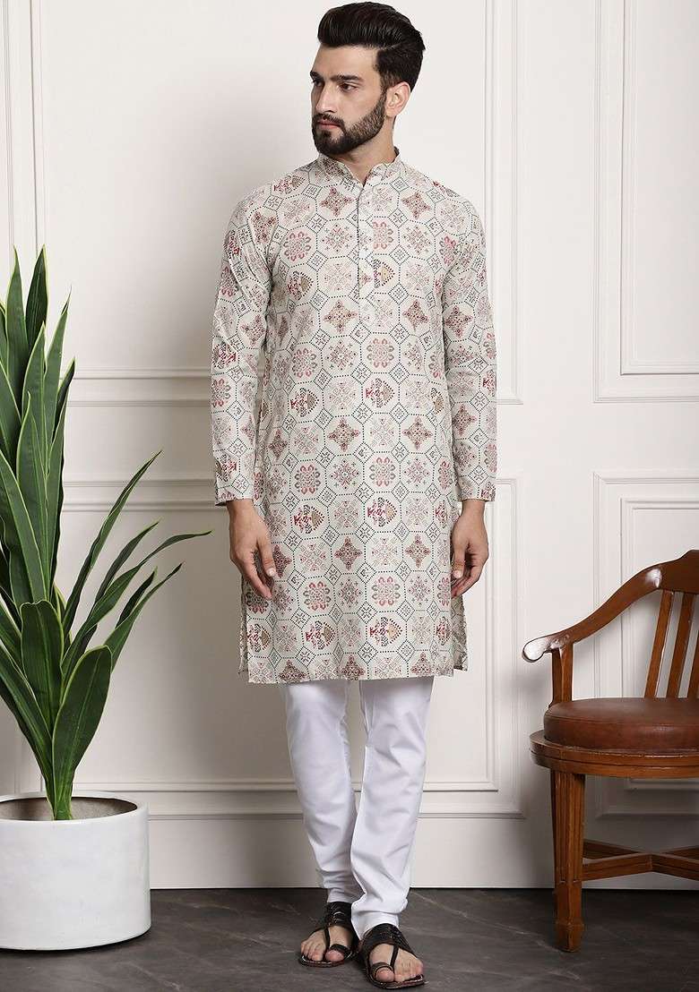 Beige Printed Cotton Kurta Set For Men - Indya