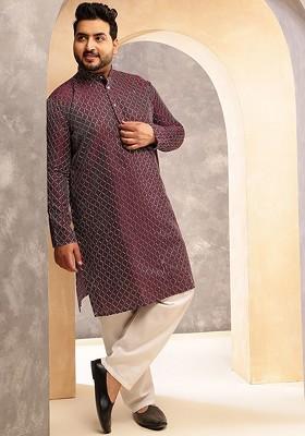Burgundy Embroidered Poly Blend Kurta Set For Men