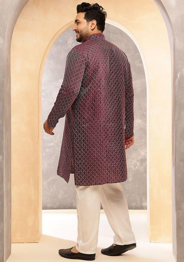 Burgundy Embroidered Poly Blend Kurta Set For Men