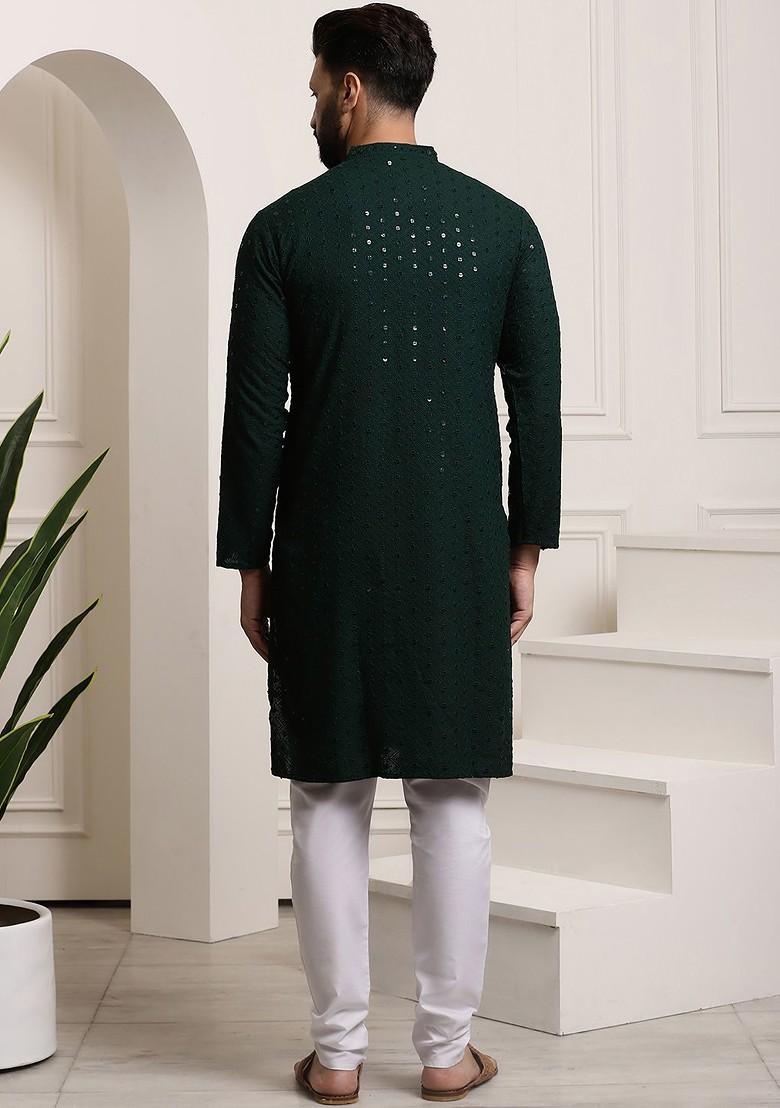 Green Embroidered Cotton Kurta Set For Men