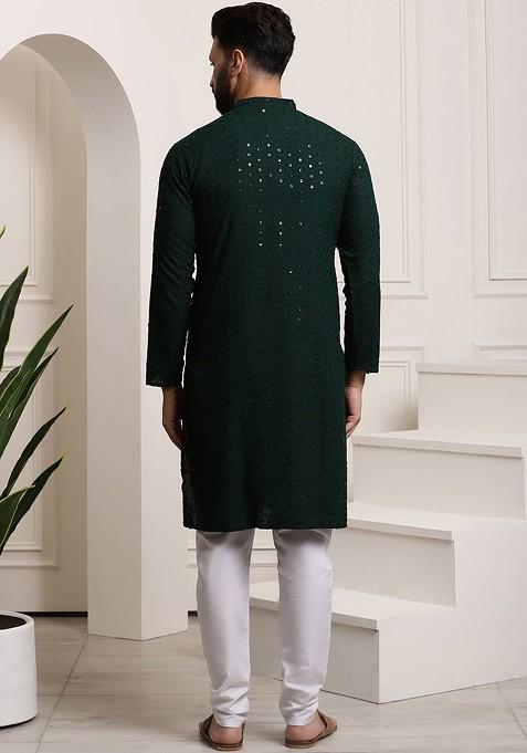 Green Embroidered Cotton Kurta Set For Men