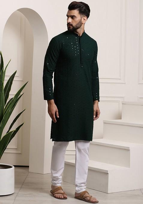 Green Embroidered Cotton Kurta Set For Men