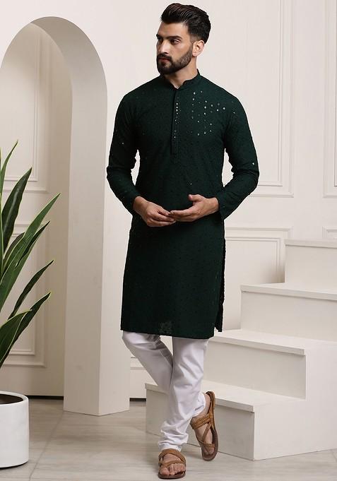 Green Embroidered Cotton Kurta Set For Men
