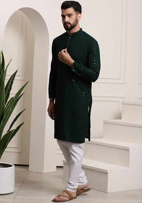 Green Embroidered Cotton Kurta Set For Men