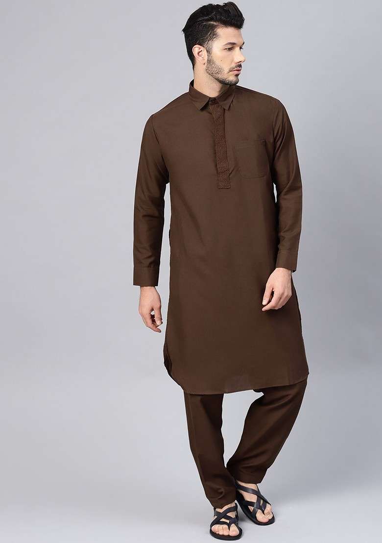 Coffee Brown Solid Poly Blend Kurta Set For Men - Indya