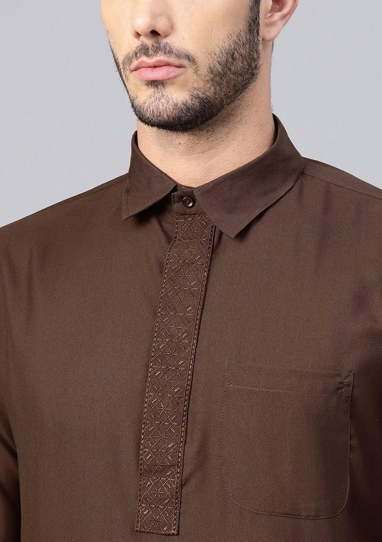 Coffee Brown Solid Poly Blend Kurta Set For Men