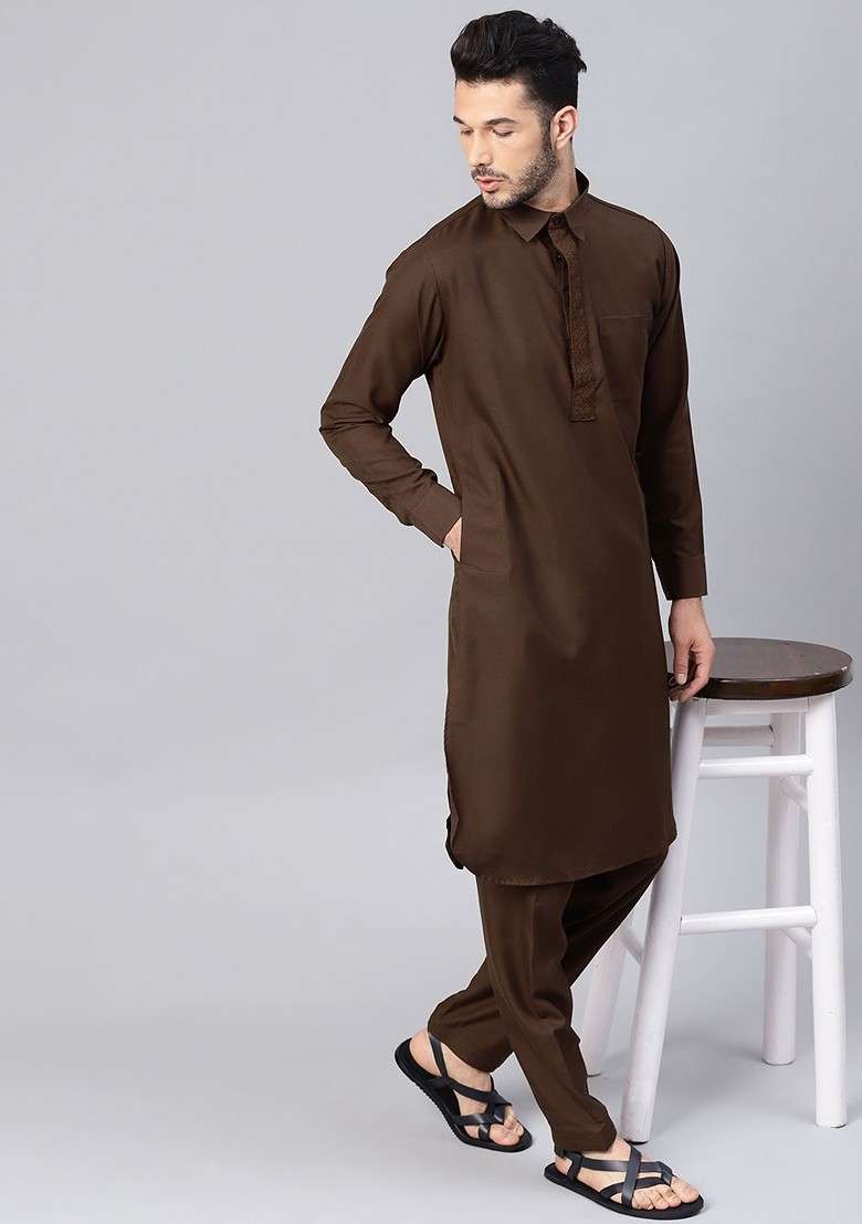Coffee Brown Solid Poly Blend Kurta Set For Men - Indya