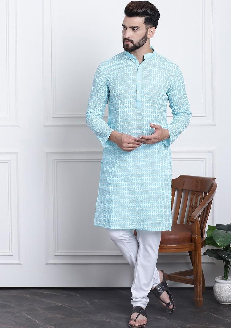 Blue Thread Work Cotton Kurta Set For Men