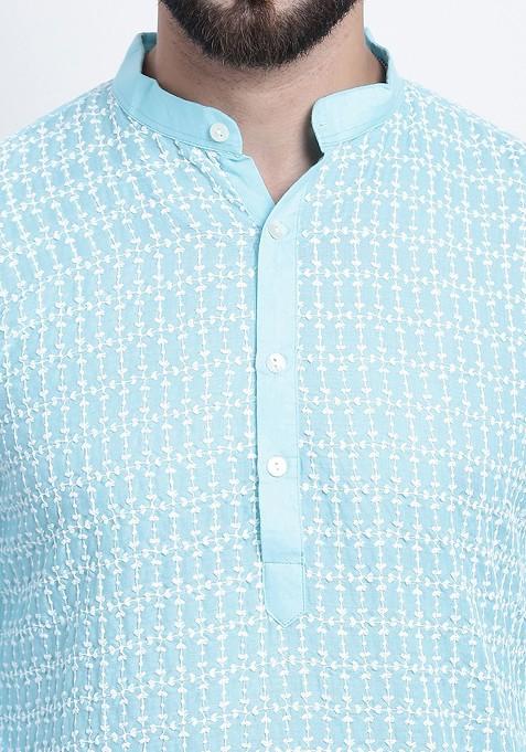 Blue Thread Work Cotton Kurta Set For Men