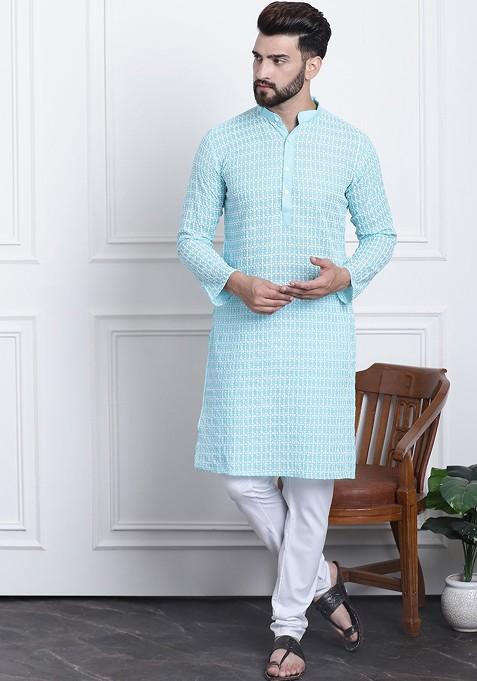 Blue Thread Work Cotton Kurta Set For Men