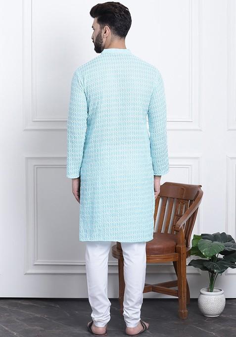 Blue Thread Work Cotton Kurta Set For Men