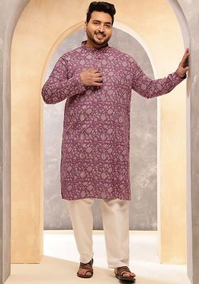 Purple Printed Poly Blend Kurta Set For Men