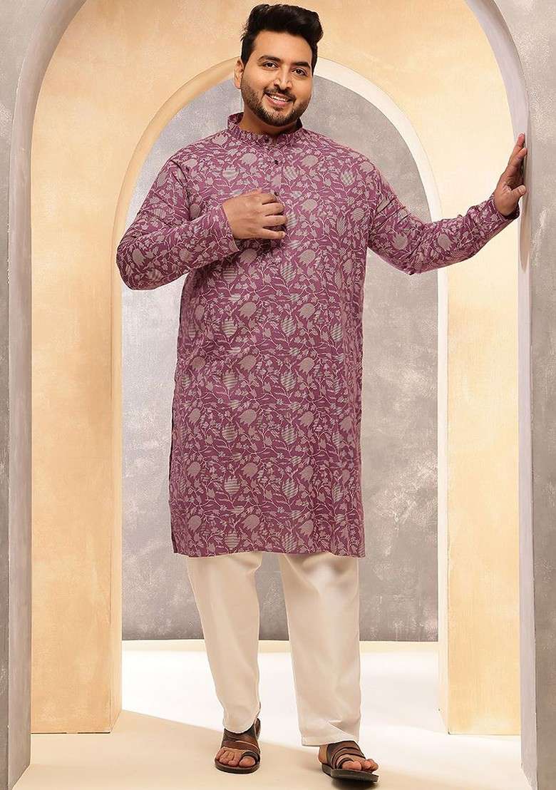 Purple Printed Poly Blend Kurta Set For Men - Indya