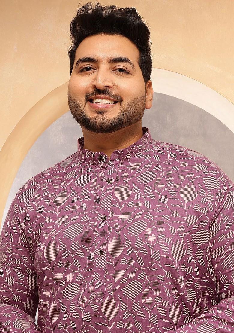 Purple Printed Poly Blend Kurta Set For Men