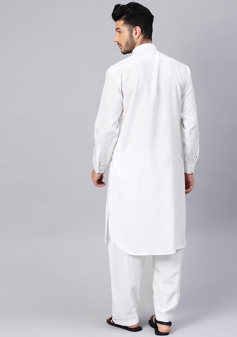 White Solid Poly Blend Kurta Set For Men
