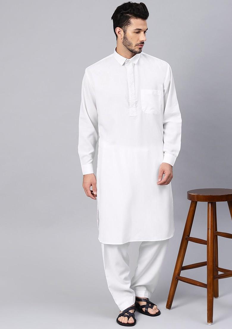 White Solid Poly Blend Kurta Set For Men