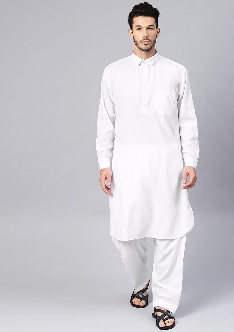 White Solid Poly Blend Kurta Set For Men