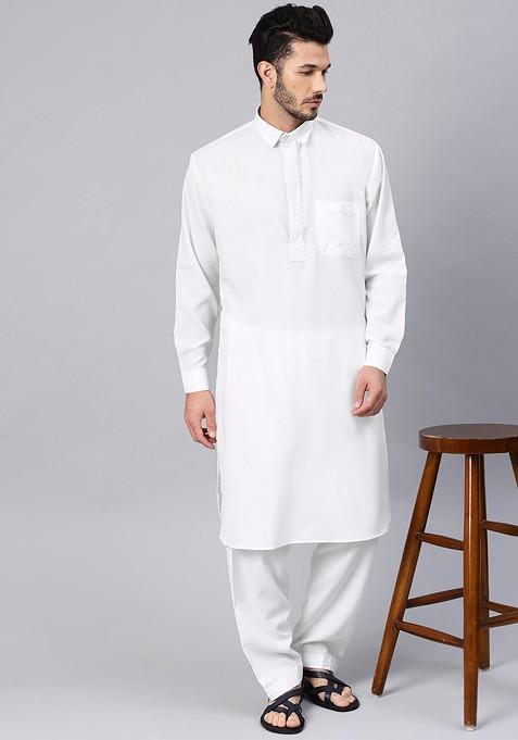 White Solid Poly Blend Kurta Set For Men