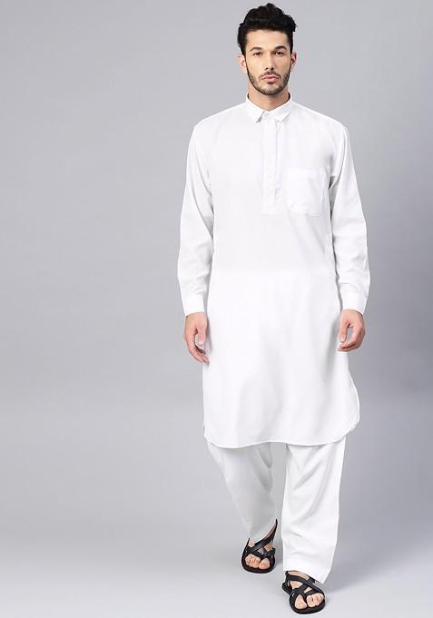 White Solid Poly Blend Kurta Set For Men