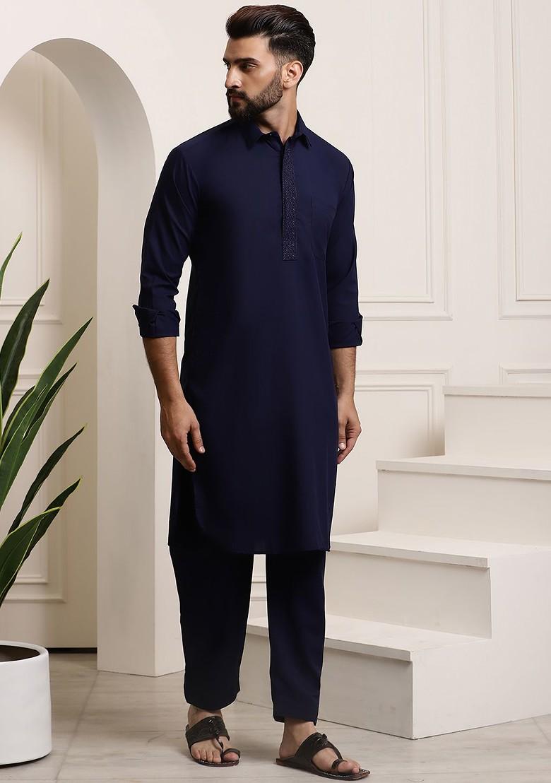 Navy Blue Solid Poly Blend Kurta Set For Men