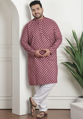Maroon Printed Poly Blend Kurta Set For Men